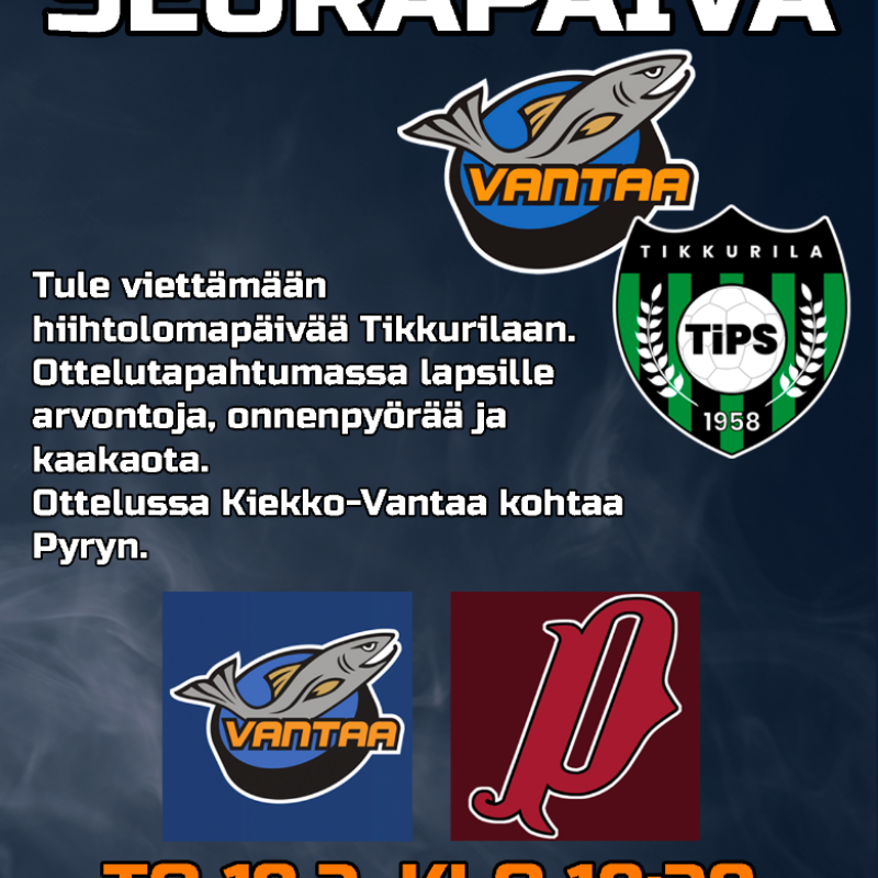 Kiekko-Vantaa x TIPS Seurapäivä 19.2. Kuljetusrinki Areenalla – sisäänpääsy ilmainen alle 18-vuotiaille